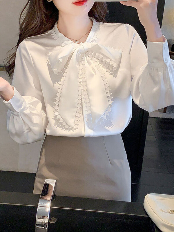 Jmprs koreai masni sifon fehér ing női alkalmi hosszú ujjú elegáns blúz őszi édes All Match design női elegáns laza felsők