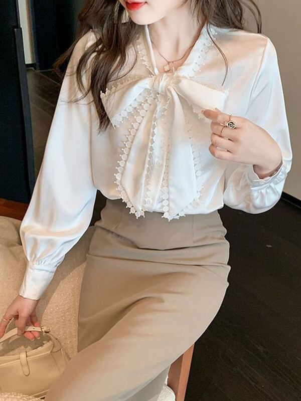 Jmprs koreai masni sifon fehér ing női alkalmi hosszú ujjú elegáns blúz őszi édes All Match design női elegáns laza felsők