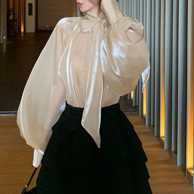 Ανοιξιάτικο φθινόπωρο Κορεάτικο Harajuku Γυναικεία νέα κομψά μπλουζάκια με παπιγιόν Φαναράκι μανίκια με τάση χαλαρό ταμπεραμέντο μονόχρωμο πουκάμισο ελεύθερου χρόνου