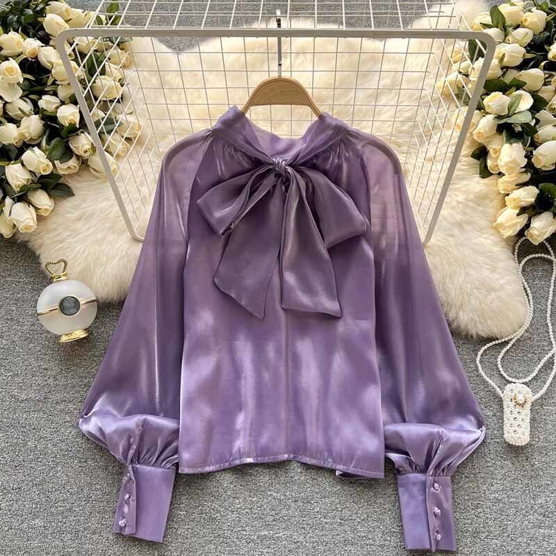 Γυναικεία ανοιξιάτικη καλοκαιρινή μπλούζα πουκάμισο με γυάλινο διχτυωτό πουκάμισο σερβίτσιο Τοπ μανίκι φαναριού Sense Niche Pearl Chiffon