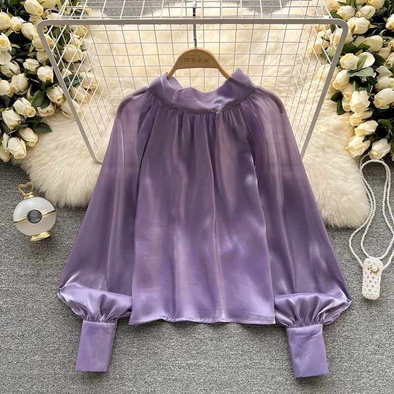 Γυναικεία ανοιξιάτικη καλοκαιρινή μπλούζα πουκάμισο με γυάλινο διχτυωτό πουκάμισο σερβίτσιο Τοπ μανίκι φαναριού Sense Niche Pearl Chiffon