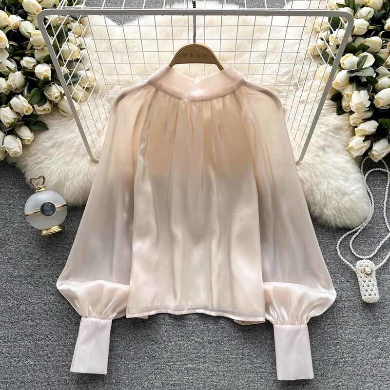 Γυναικεία ανοιξιάτικη καλοκαιρινή μπλούζα πουκάμισο με γυάλινο διχτυωτό πουκάμισο σερβίτσιο Τοπ μανίκι φαναριού Sense Niche Pearl Chiffon
