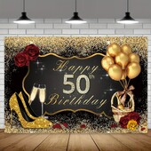 Φόντο 50ων γενεθλίων Μαύρα χρυσά μπαλόνια Σαμπάνια με αστραφτερές παγιέτες τριαντάφυλλα διακοσμημένα πανό για πάρτι γενεθλίων