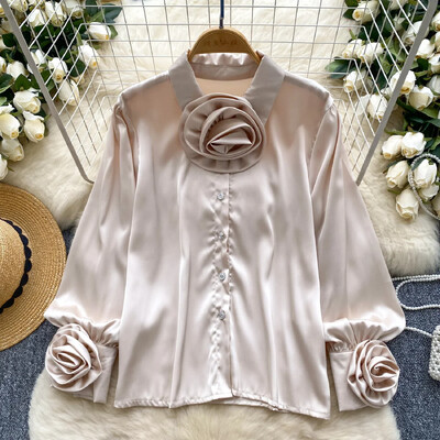 Elegáns szatén háromdimenziós virágos hosszú ujjú hajtókás blúz Elegáns Vintage Fashion Crop Top Női Őszi ingek Ruházat