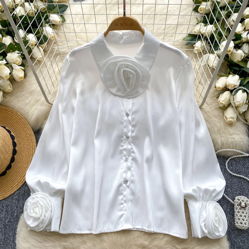 Elegáns szatén háromdimenziós virágos hosszú ujjú hajtókás blúz Elegáns Vintage Fashion Crop Top Női Őszi ingek Ruházat