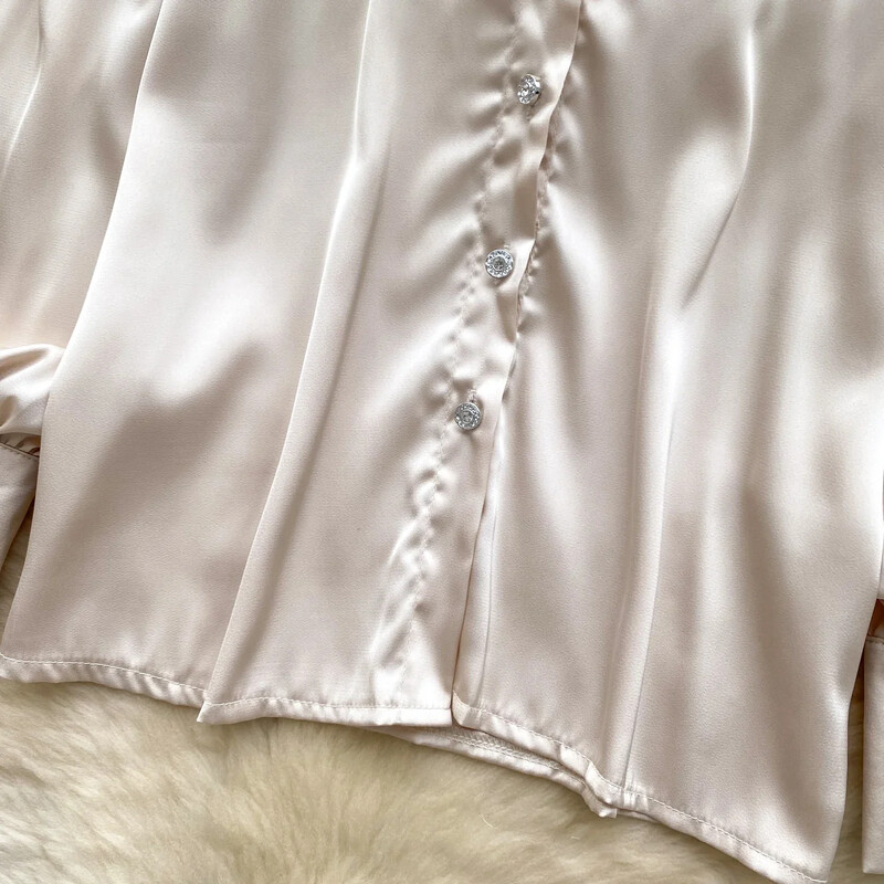 Elegáns szatén háromdimenziós virágos hosszú ujjú hajtókás blúz Elegáns Vintage Fashion Crop Top Női Őszi ingek Ruházat