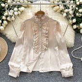 Elegáns női vintage állógallér hosszú ujjú laza fülgomba szélű felső francia divat utcai ruházat High Street őszi szatén blúz