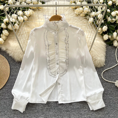 Elegáns női vintage állógallér hosszú ujjú laza fülgomba szélű felső francia divat utcai ruházat High Street őszi szatén blúz