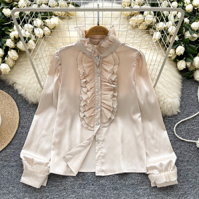 Elegáns női vintage állógallér hosszú ujjú laza fülgomba szélű felső francia divat utcai ruházat High Street őszi szatén blúz