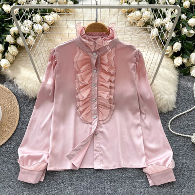 Elegáns női vintage állógallér hosszú ujjú laza fülgomba szélű felső francia divat utcai ruházat High Street őszi szatén blúz