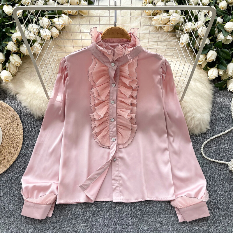 Elegáns női vintage állógallér hosszú ujjú laza fülgomba szélű felső francia divat utcai ruházat High Street őszi szatén blúz