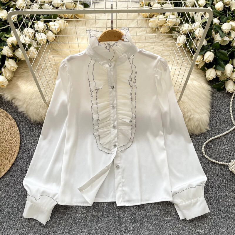 Elegáns női vintage állógallér hosszú ujjú laza fülgomba szélű felső francia divat utcai ruházat High Street őszi szatén blúz