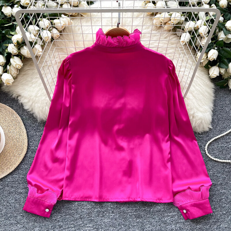 Elegáns női vintage állógallér hosszú ujjú laza fülgomba szélű felső francia divat utcai ruházat High Street őszi szatén blúz