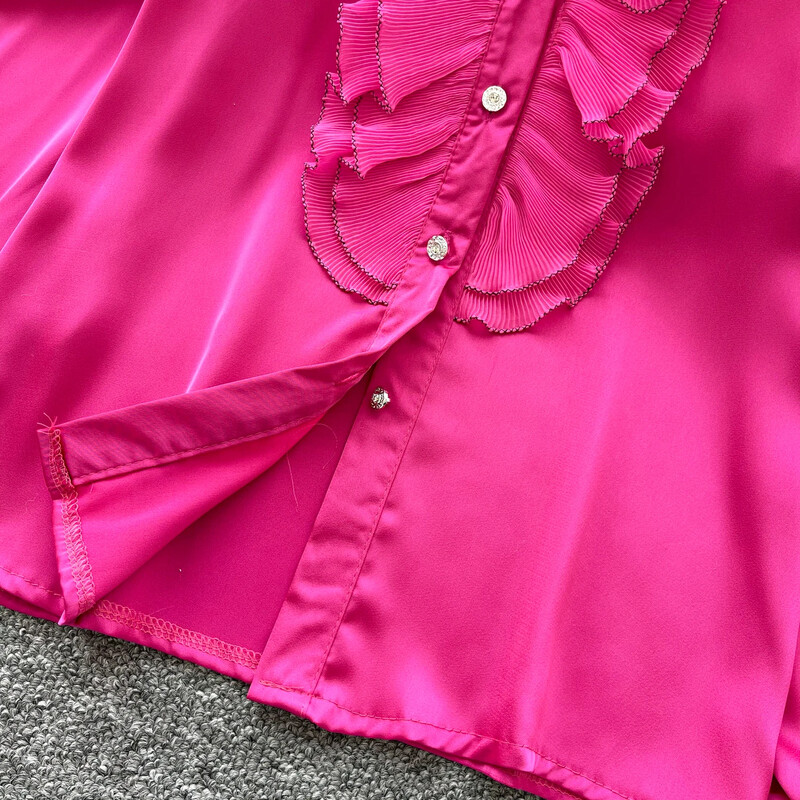 Elegáns női vintage állógallér hosszú ujjú laza fülgomba szélű felső francia divat utcai ruházat High Street őszi szatén blúz