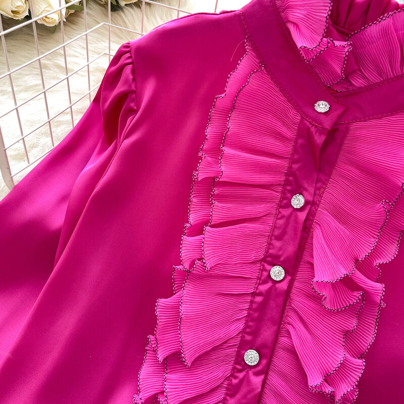 Elegáns női vintage állógallér hosszú ujjú laza fülgomba szélű felső francia divat utcai ruházat High Street őszi szatén blúz