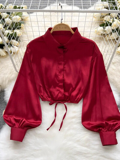 2024 Νέα ιδιοσυγκρασία Μόδα γυναικεία σέξι σατέν πουκάμισο παπιγιόν δαντέλα πέτο D μανίκι φανάρι λεπτό κοντό μπλουζάκι UK798