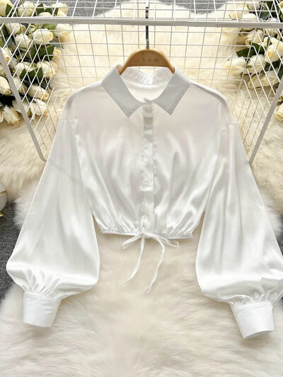 2024 Νέα ιδιοσυγκρασία Μόδα γυναικεία σέξι σατέν πουκάμισο παπιγιόν δαντέλα πέτο D μανίκι φανάρι λεπτό κοντό μπλουζάκι UK798