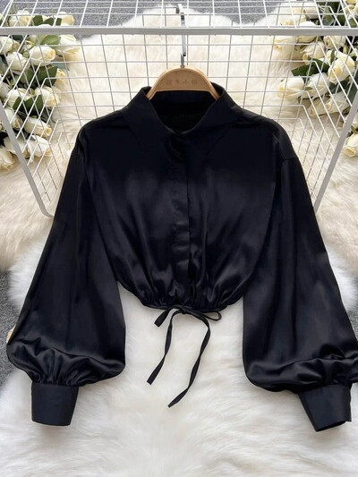 2024 Νέα ιδιοσυγκρασία Μόδα γυναικεία σέξι σατέν πουκάμισο παπιγιόν δαντέλα πέτο D μανίκι φανάρι λεπτό κοντό μπλουζάκι UK798