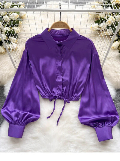 2024 Νέα ιδιοσυγκρασία Μόδα γυναικεία σέξι σατέν πουκάμισο παπιγιόν δαντέλα πέτο D μανίκι φανάρι λεπτό κοντό μπλουζάκι UK798