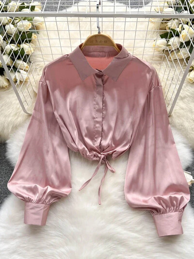 2024 Νέα ιδιοσυγκρασία Μόδα γυναικεία σέξι σατέν πουκάμισο παπιγιόν δαντέλα πέτο D μανίκι φανάρι λεπτό κοντό μπλουζάκι UK798