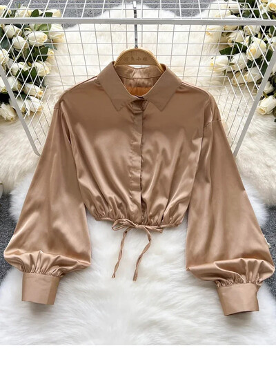 2024 Νέα ιδιοσυγκρασία Μόδα γυναικεία σέξι σατέν πουκάμισο παπιγιόν δαντέλα πέτο D μανίκι φανάρι λεπτό κοντό μπλουζάκι UK798