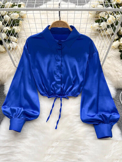 2024 Νέα ιδιοσυγκρασία Μόδα γυναικεία σέξι σατέν πουκάμισο παπιγιόν δαντέλα πέτο D μανίκι φανάρι λεπτό κοντό μπλουζάκι UK798