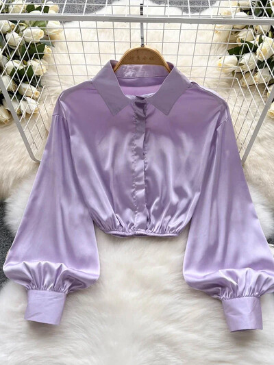 2024 Νέα ιδιοσυγκρασία Μόδα γυναικεία σέξι σατέν πουκάμισο παπιγιόν δαντέλα πέτο D μανίκι φανάρι λεπτό κοντό μπλουζάκι UK798