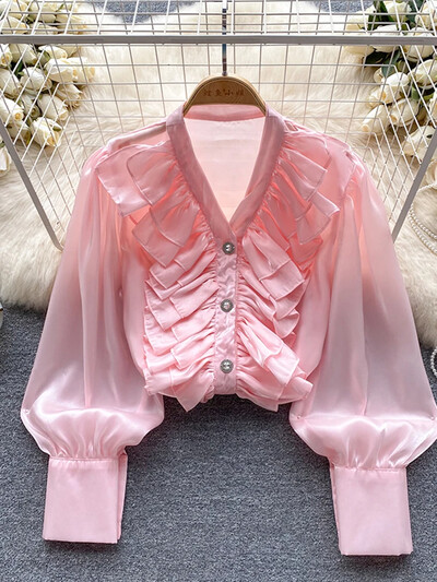 Γυναικείο φθινοπωρινό πουκάμισο ιδιοσυγκρασίας Commuting Μακρυμάνικο V-λαιμόκοψη βολάν άκρη χαλαρό γυαλιστερό σατέν πουλόβερ πουκάμισο Casual Top D5111