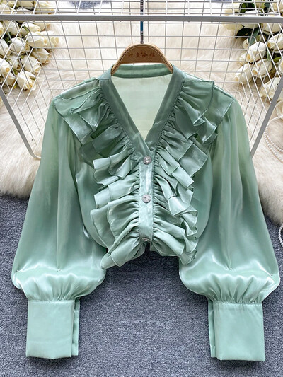 Γυναικείο φθινοπωρινό πουκάμισο ιδιοσυγκρασίας Commuting Μακρυμάνικο V-λαιμόκοψη βολάν άκρη χαλαρό γυαλιστερό σατέν πουλόβερ πουκάμισο Casual Top D5111