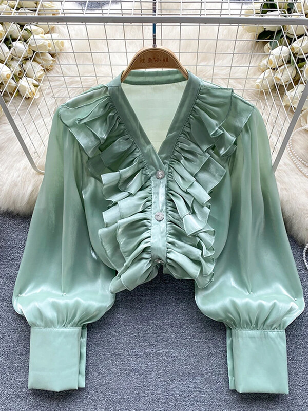 Γυναικείο φθινοπωρινό πουκάμισο ιδιοσυγκρασίας Commuting Μακρυμάνικο V-λαιμόκοψη βολάν άκρη χαλαρό γυαλιστερό σατέν πουλόβερ πουκάμισο Casual Top D5111