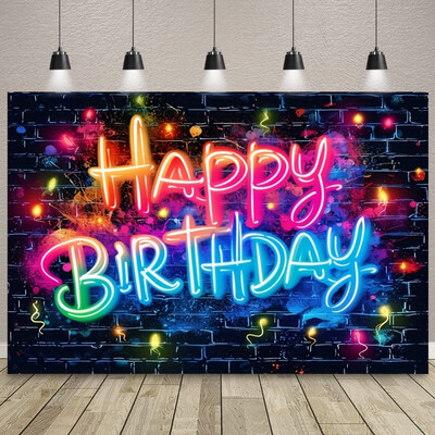 Születésnapi parti hátterű szalaghirdetés Gyermek felnőtt születésnapi parti dekoráció fotó háttér neon fény a sötétben party kellékek