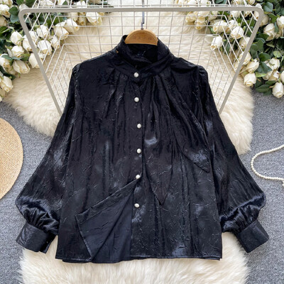 Pamati Statīvs Kakls Elegants Metāla Krāsa Tekstūra Vintage Garas Laternas Piedurknes Brīvas Top Franču Ielu Apģērbs High Street rudens blūze