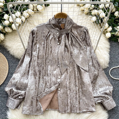 Pamati Statīvs Kakls Elegants Metāla Krāsa Tekstūra Vintage Garas Laternas Piedurknes Brīvas Top Franču Ielu Apģērbs High Street rudens blūze