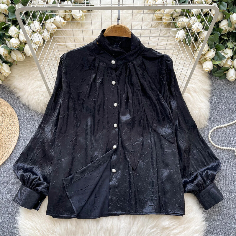 Pamati Statīvs Kakls Elegants Metāla Krāsa Tekstūra Vintage Garas Laternas Piedurknes Brīvas Top Franču Ielu Apģērbs High Street rudens blūze