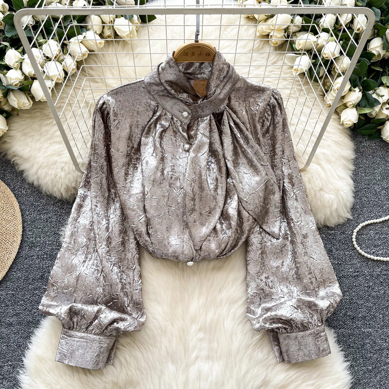 Pamati Statīvs Kakls Elegants Metāla Krāsa Tekstūra Vintage Garas Laternas Piedurknes Brīvas Top Franču Ielu Apģērbs High Street rudens blūze