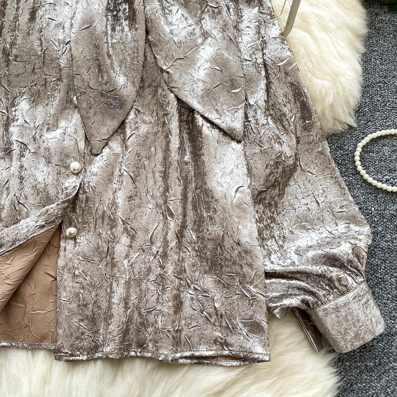 Pamati Statīvs Kakls Elegants Metāla Krāsa Tekstūra Vintage Garas Laternas Piedurknes Brīvas Top Franču Ielu Apģērbs High Street rudens blūze