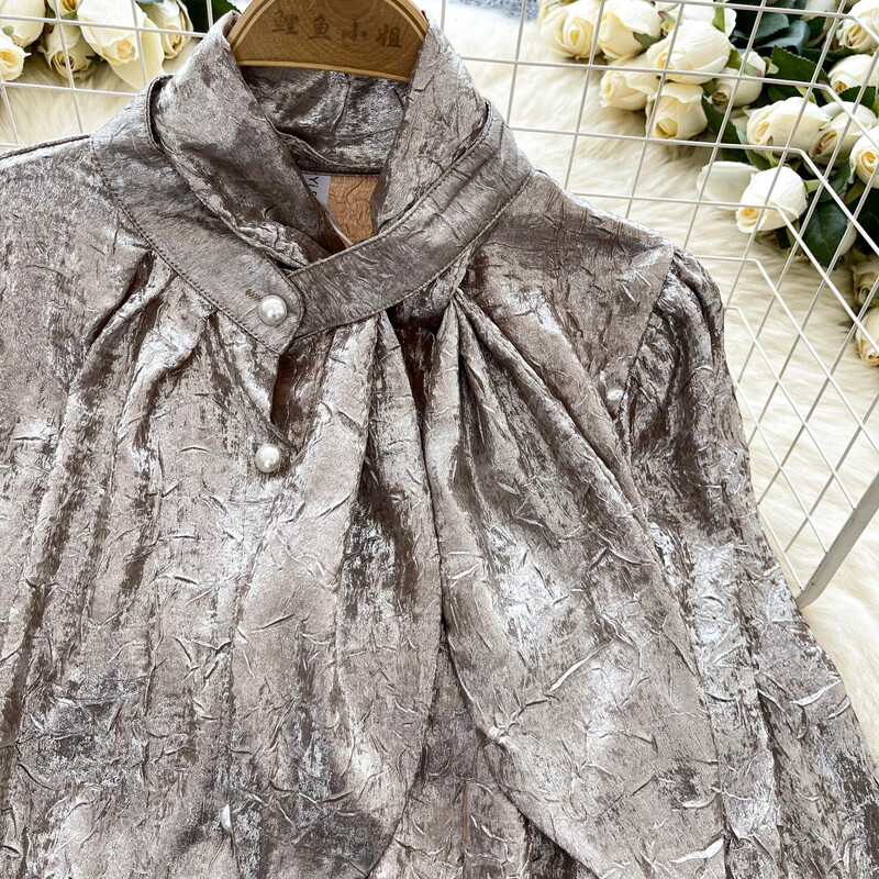 Pamati Statīvs Kakls Elegants Metāla Krāsa Tekstūra Vintage Garas Laternas Piedurknes Brīvas Top Franču Ielu Apģērbs High Street rudens blūze