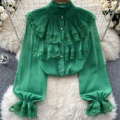 Elegáns és elegáns női divatos rakott ingek, hosszú ujjú, alkalmi karcsú buli születésnapi csipke felsők Női sifon blúzok Camisas