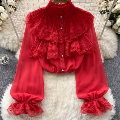 Elegáns és elegáns női divatos rakott ingek, hosszú ujjú, alkalmi karcsú buli születésnapi csipke felsők Női sifon blúzok Camisas