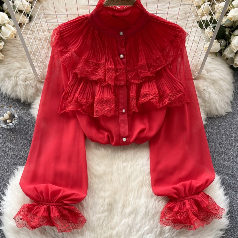 Elegáns és elegáns női divatos rakott ingek, hosszú ujjú, alkalmi karcsú buli születésnapi csipke felsők Női sifon blúzok Camisas