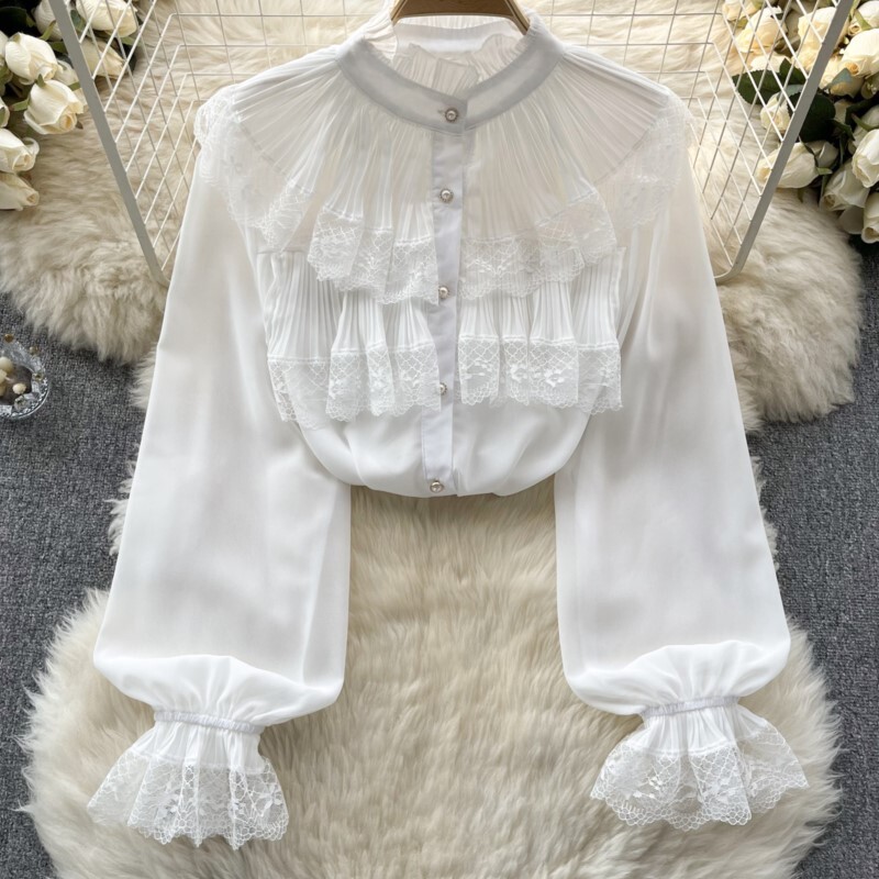 Elegáns és elegáns női divatos rakott ingek, hosszú ujjú, alkalmi karcsú buli születésnapi csipke felsők Női sifon blúzok Camisas