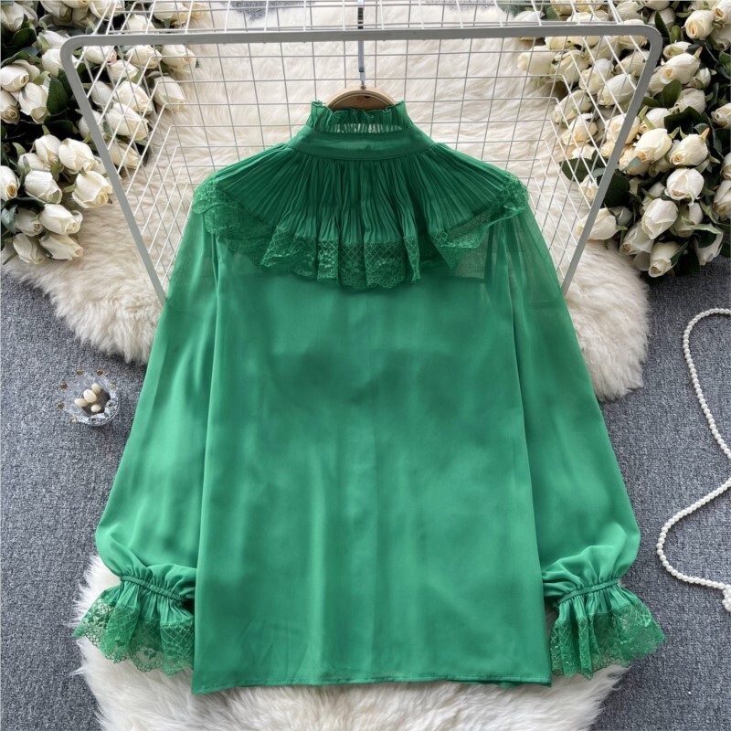 Elegáns és elegáns női divatos rakott ingek, hosszú ujjú, alkalmi karcsú buli születésnapi csipke felsők Női sifon blúzok Camisas