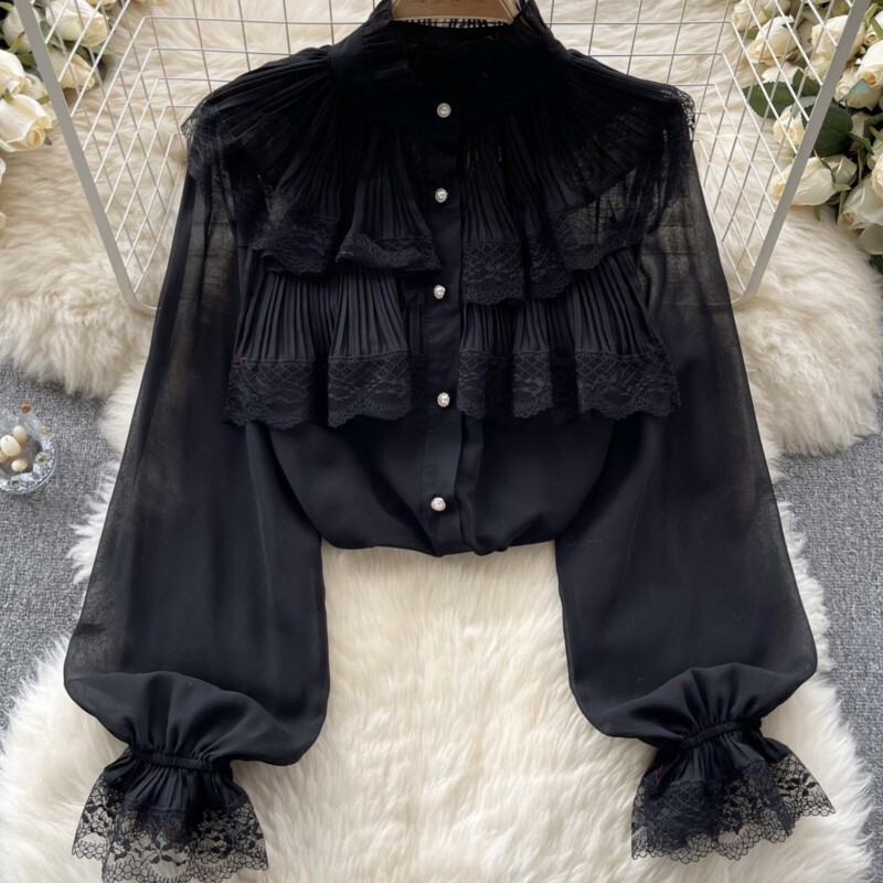 Elegáns és elegáns női divatos rakott ingek, hosszú ujjú, alkalmi karcsú buli születésnapi csipke felsők Női sifon blúzok Camisas