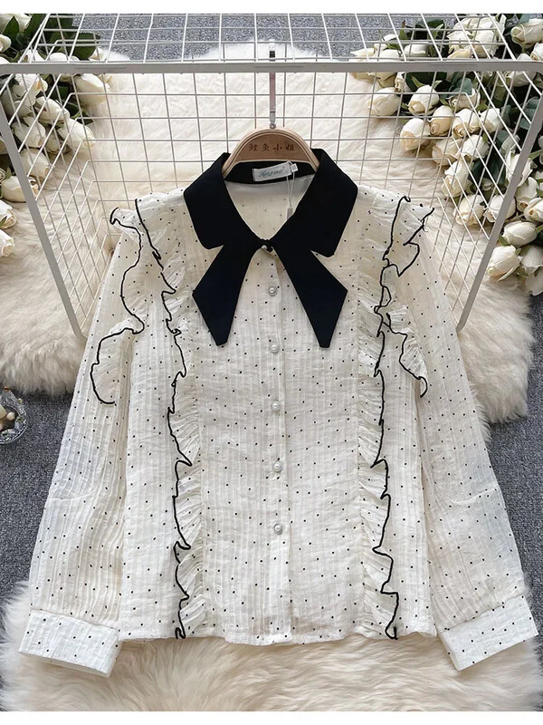 Γυναικείο ανοιξιάτικο φθινοπωρινό πουκάμισο Κορεατικό πουά πουκάμισο Γλυκό ξύλινο αυτί Edge Slim Fit Ευέλικτο μακρυμάνικο μπλουζάκι σιφόν μόδας D5365