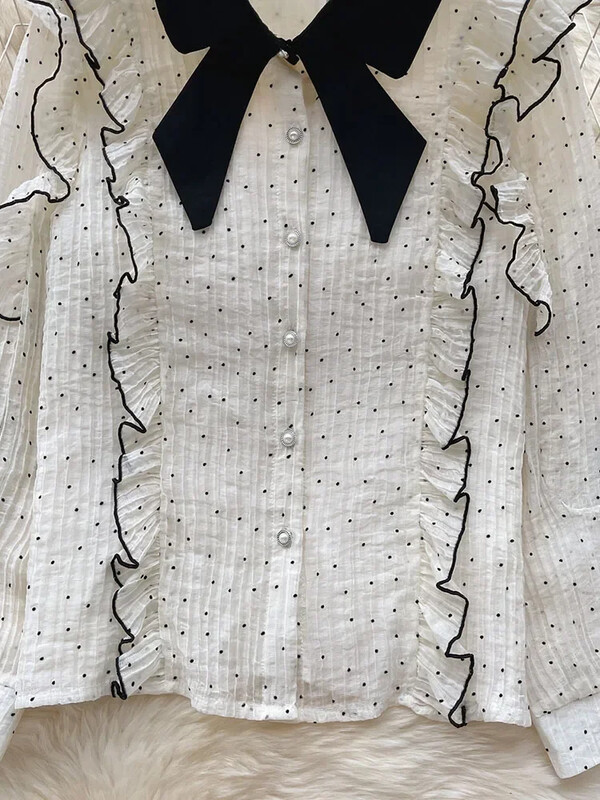 Γυναικείο ανοιξιάτικο φθινοπωρινό πουκάμισο Κορεατικό πουά πουκάμισο Γλυκό ξύλινο αυτί Edge Slim Fit Ευέλικτο μακρυμάνικο μπλουζάκι σιφόν μόδας D5365