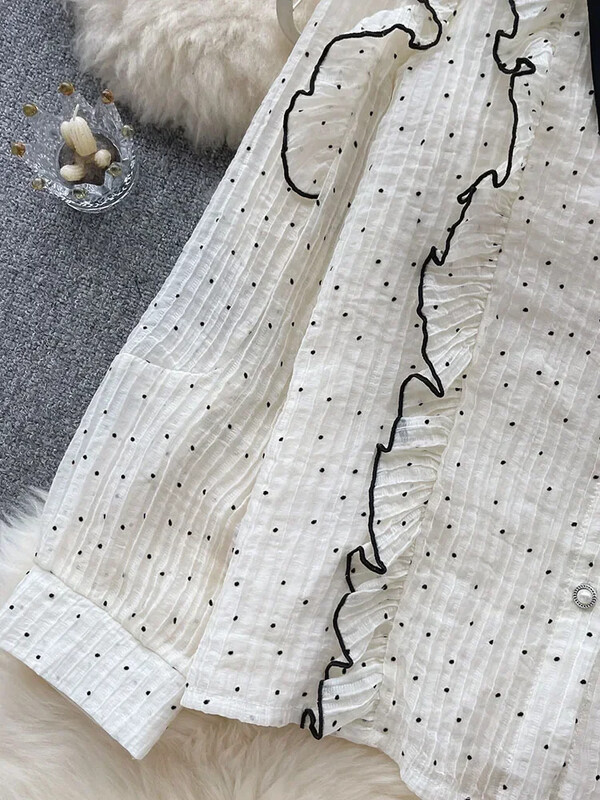 Γυναικείο ανοιξιάτικο φθινοπωρινό πουκάμισο Κορεατικό πουά πουκάμισο Γλυκό ξύλινο αυτί Edge Slim Fit Ευέλικτο μακρυμάνικο μπλουζάκι σιφόν μόδας D5365