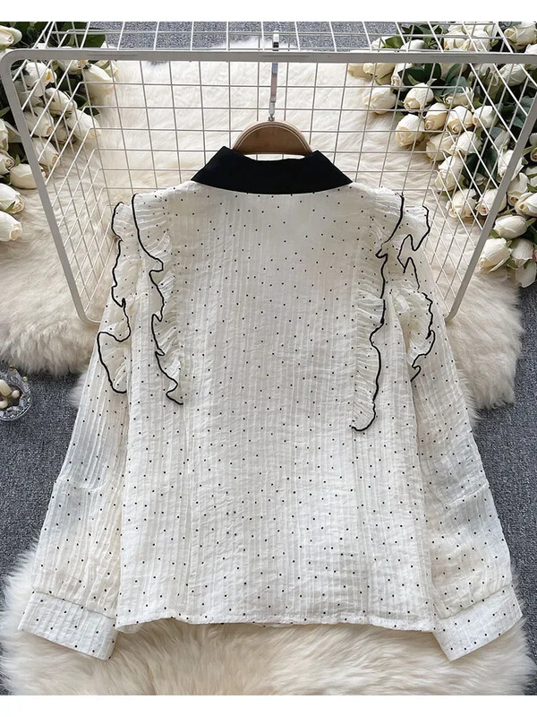 Γυναικείο ανοιξιάτικο φθινοπωρινό πουκάμισο Κορεατικό πουά πουκάμισο Γλυκό ξύλινο αυτί Edge Slim Fit Ευέλικτο μακρυμάνικο μπλουζάκι σιφόν μόδας D5365