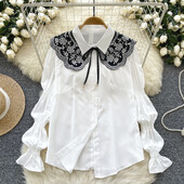 Vintage Polo-λαιμόκοψη Κομψό κεντημένο κορδόνι Κομψό μακρυμάνικο φαρδύ μονό στήθος Κορεάτικη μπλούζα Streetwear High Street