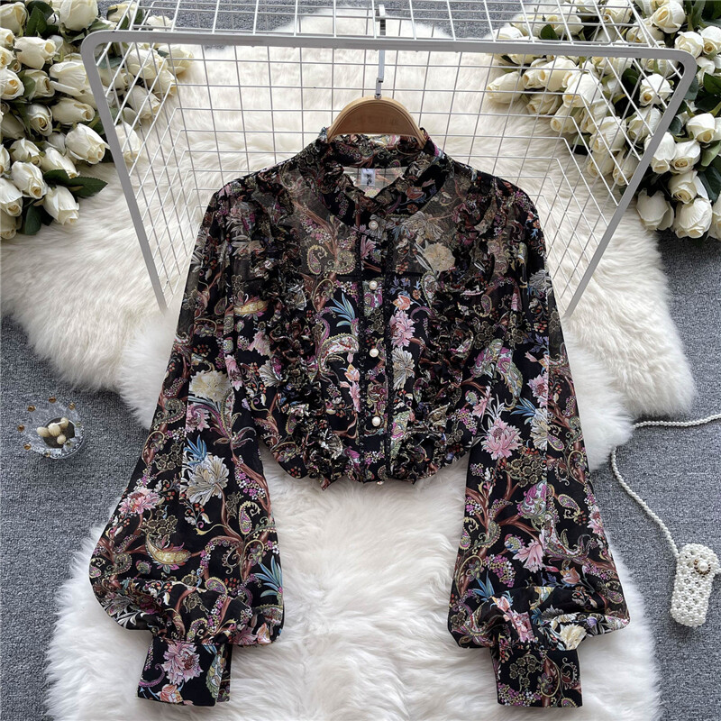 Sieviešu volāni mežģīnes ar ziedu apdruku Retro eleganti krekli ar pogām Vasaras modes Sweet Chic Stand apkakle ar garām piedurknēm blūze brīvi topi