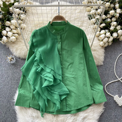 Μακρυμάνικο βολάν με μονό στήθος casual λεπτό κομψό και λεπτές γυναίκες Κορεάτικα streetwear Ανοιξιάτικο φθινόπωρο γυναικείο πουκάμισο